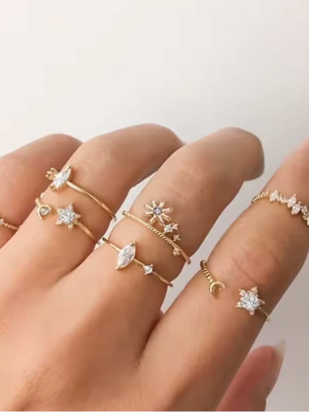 Gold Stacking Set of 7 Rings with Clear Crystals